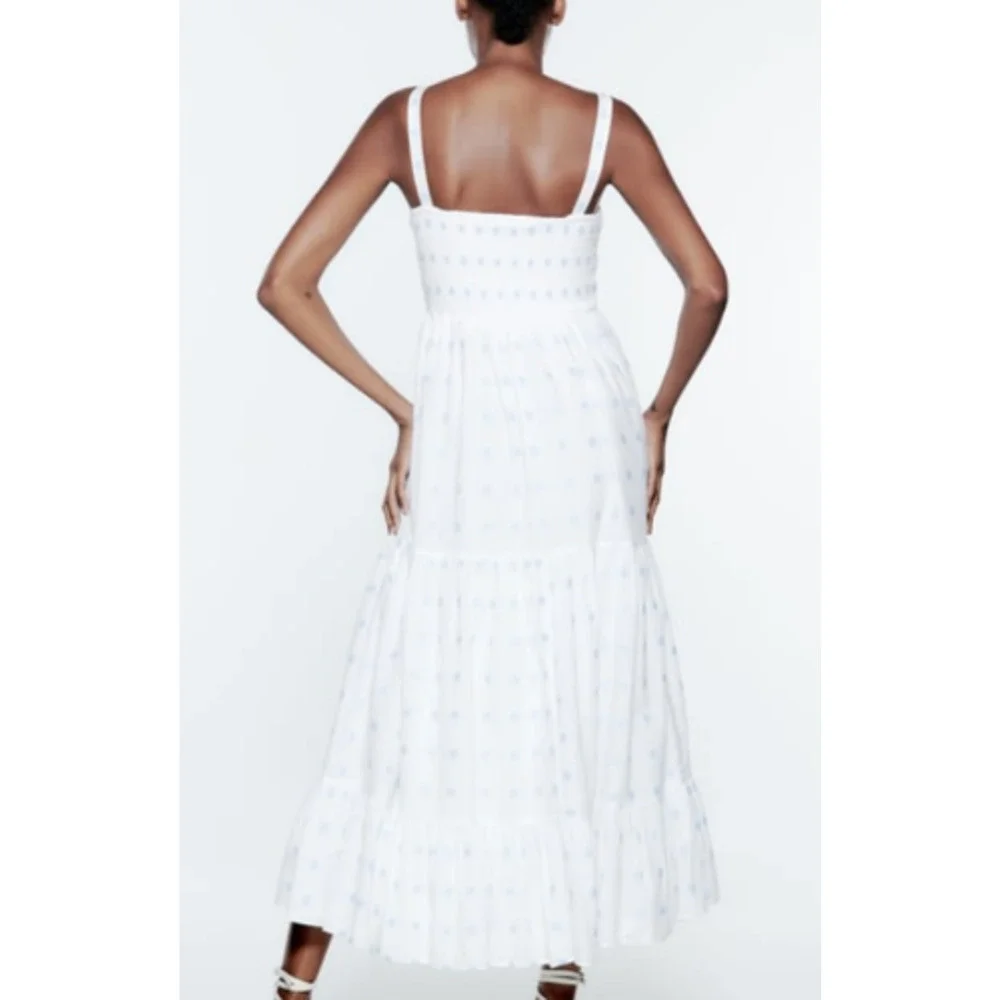 Zara Floral Embroidered Tiered Maxi Sundress Smocked White Blue Dress Size Large - Picture 12 of 16